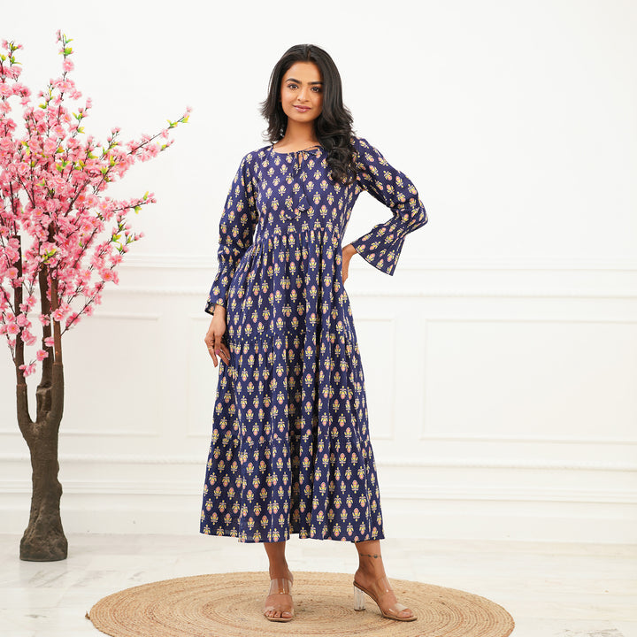 Blue Booti 3-Tiered Cotton Long Dress with Pockets