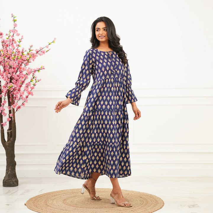 Blue Booti 3-Tiered Cotton Long Dress with Pockets