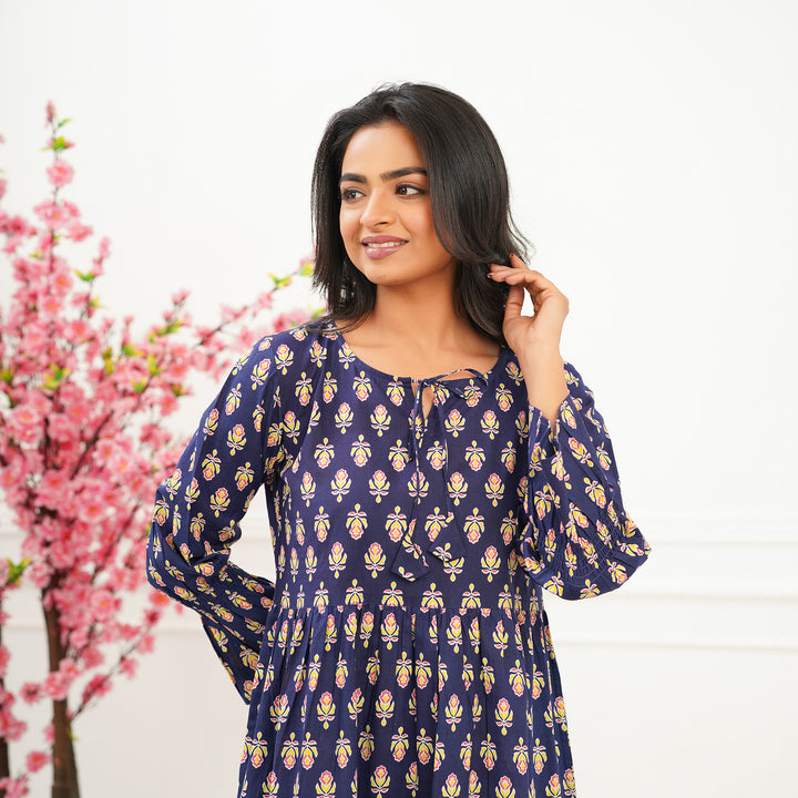 Blue Booti 3-Tiered Cotton Long Dress with Pockets