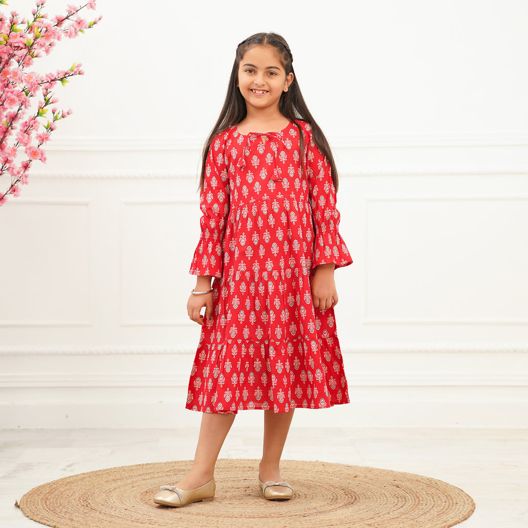 Red Booti Mom and Daughter 3-Tiered Cotton Dresses