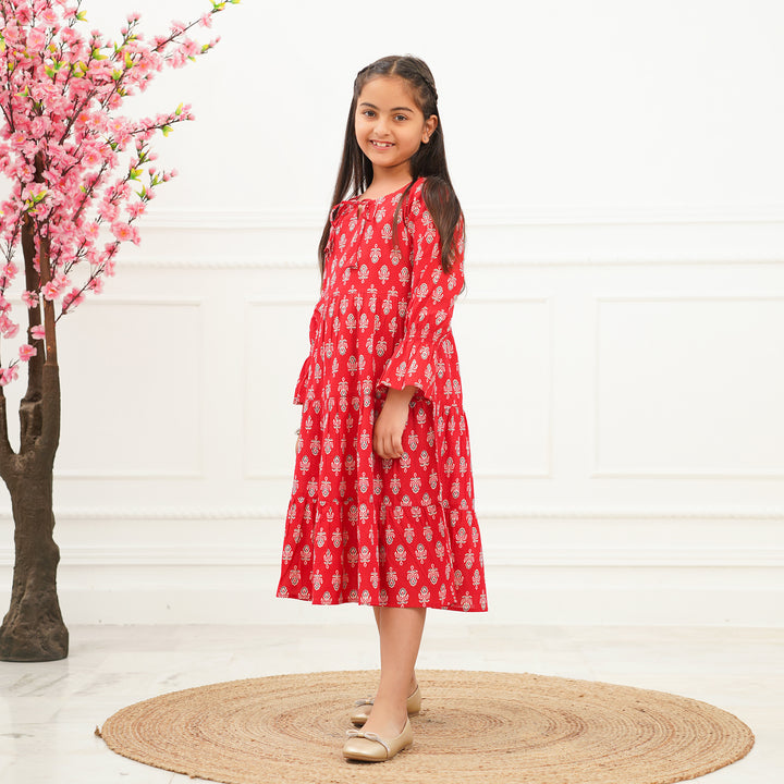 Red Booti 3-Tiered Girl's Cotton Dress