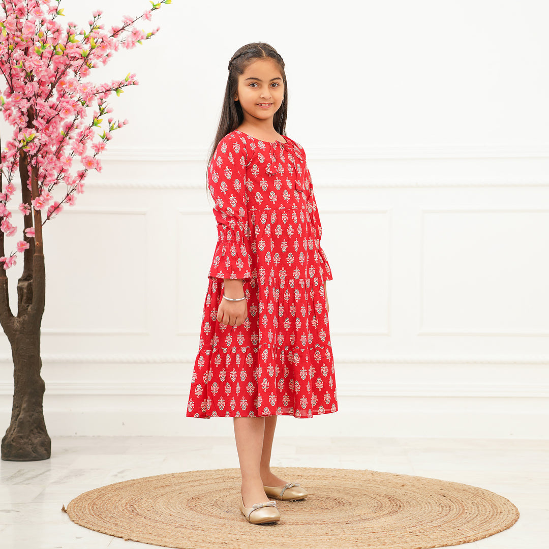 Red Booti 3-Tiered Girl's Cotton Dress