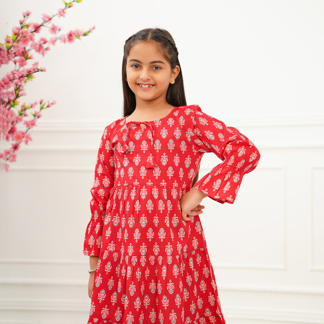 Red Booti 3-Tiered Girl's Cotton Dress