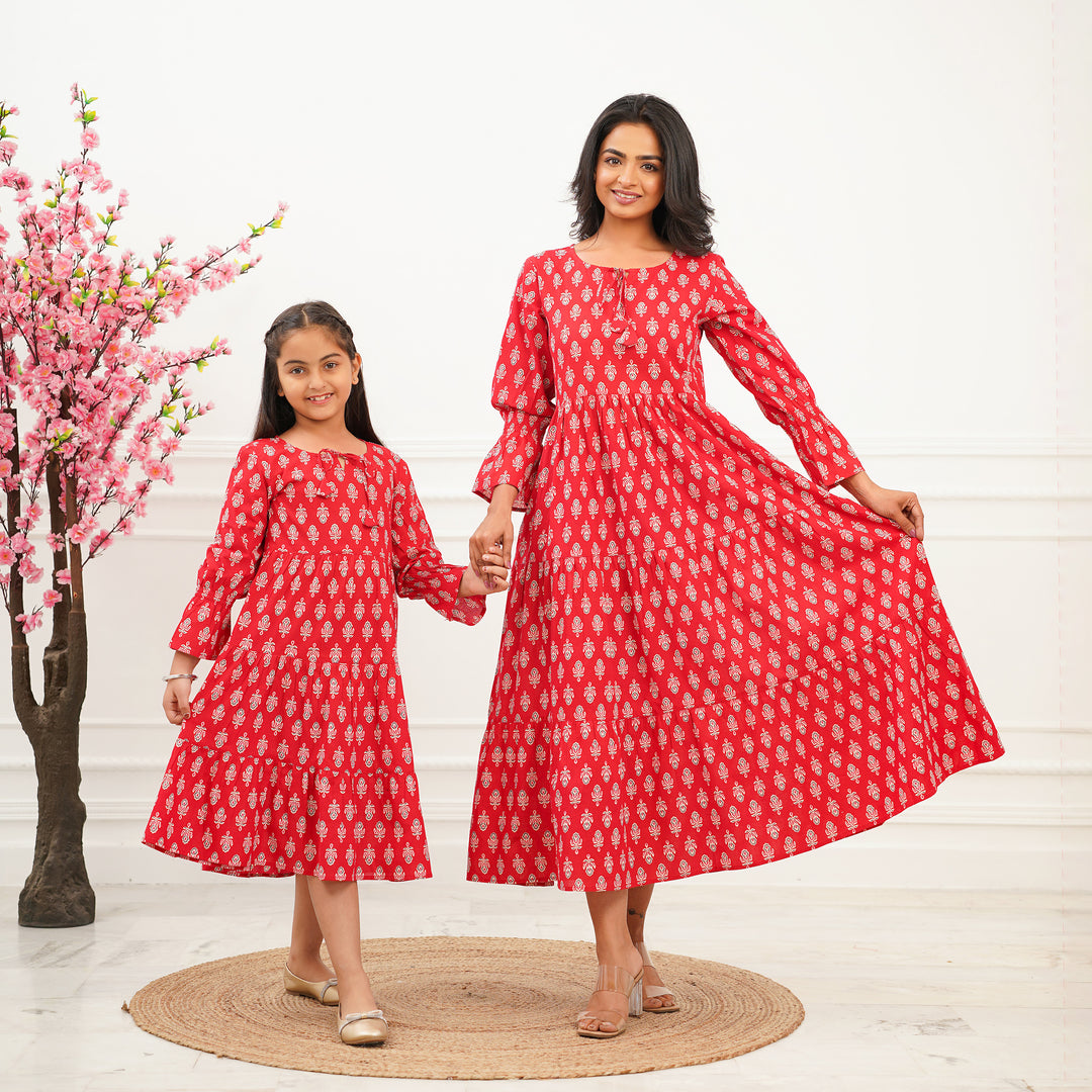 Red Booti Mom and Daughter 3-Tiered Cotton Dresses