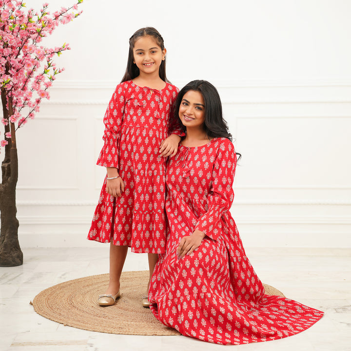 Red Booti Mom and Daughter 3-Tiered Cotton Dresses