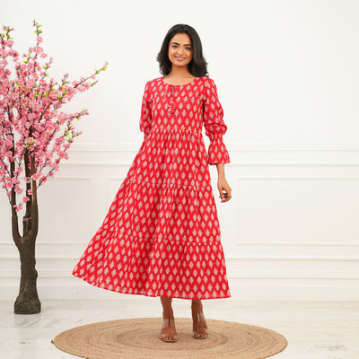 Red Booti 3-Tiered Cotton Long Dress with Pockets