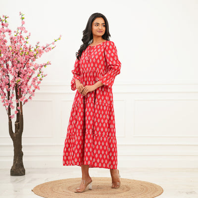 Red Booti 3-Tiered Cotton Long Dress with Pockets