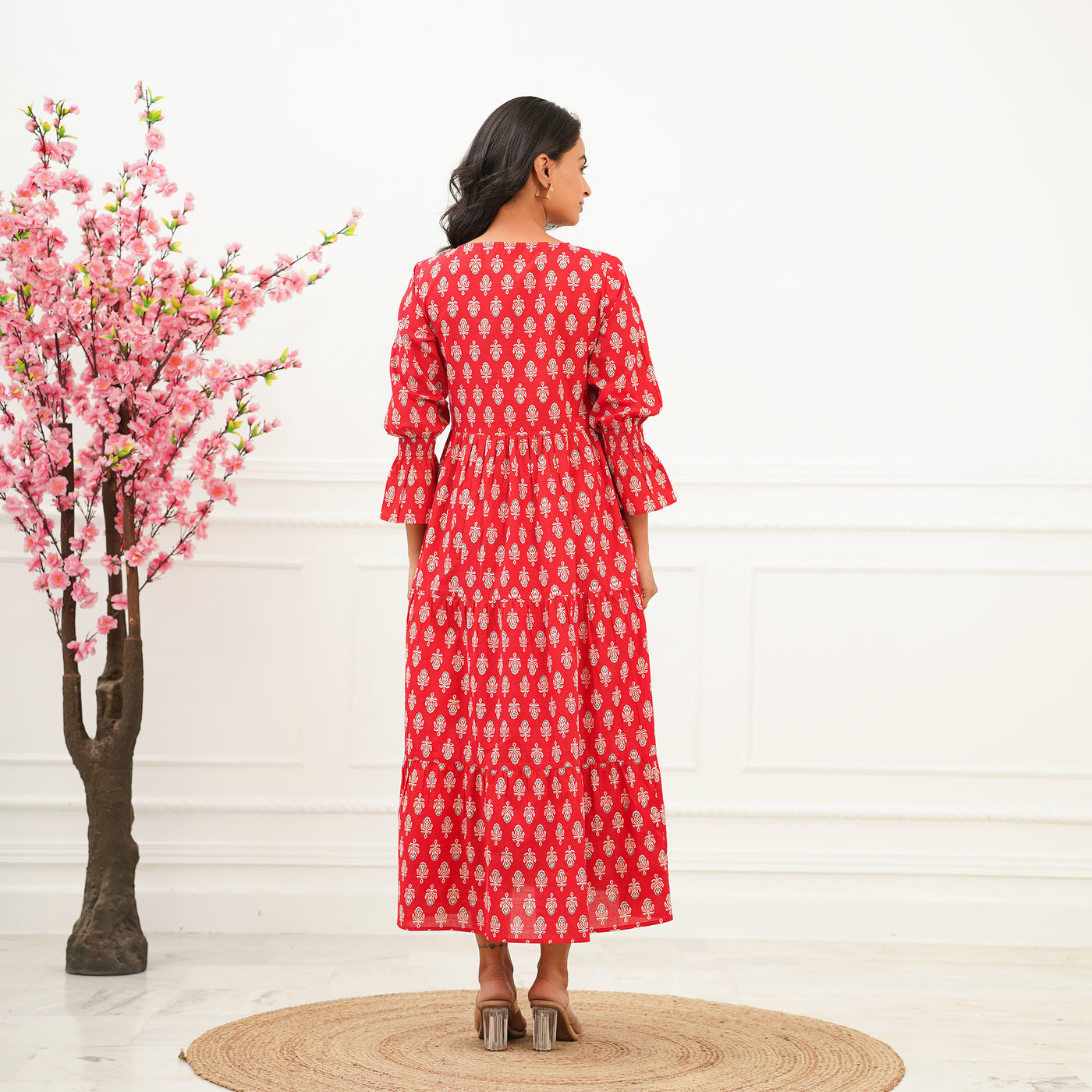 Red Booti 3-Tiered Cotton Long Dress with Pockets