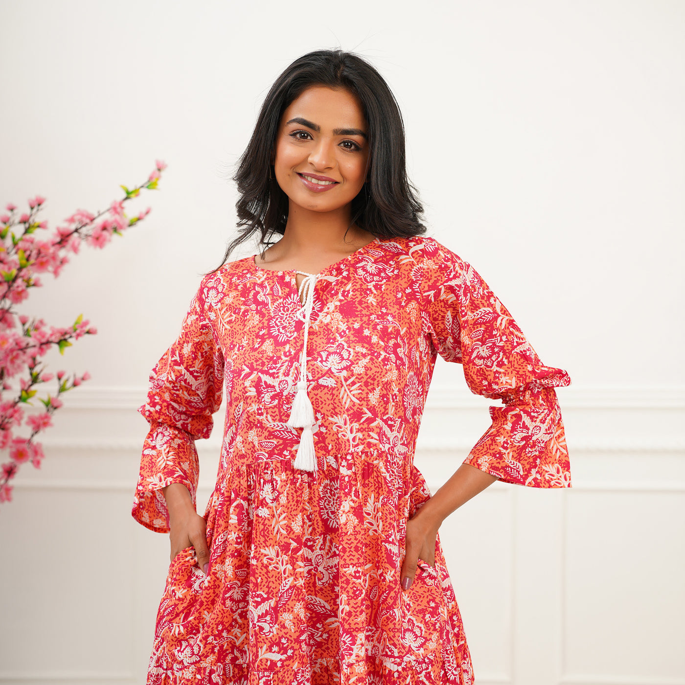 'Sunrise Peach' 3-Tiered Cotton Dress with Pockets