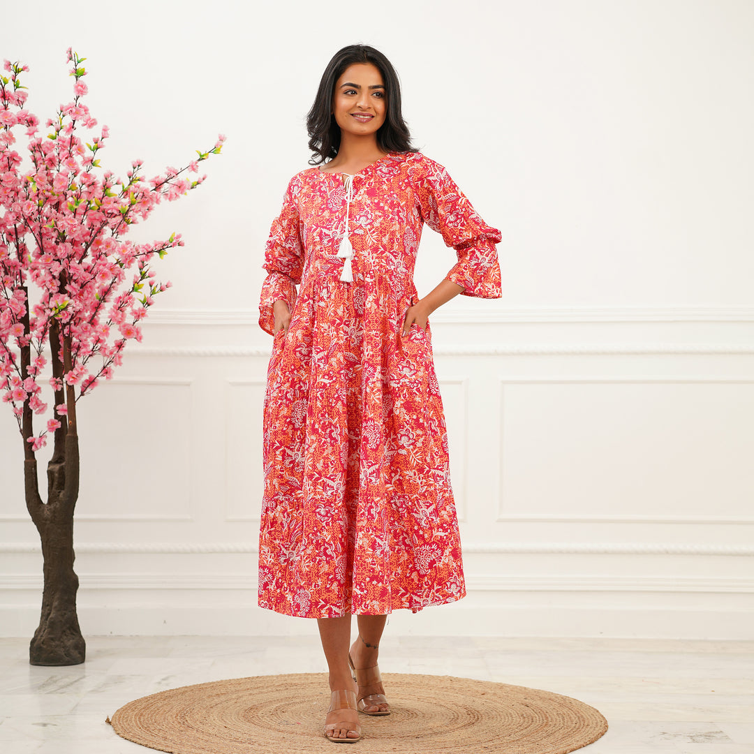 Block Printed Pure Cotton Pink Long Tiered Dress