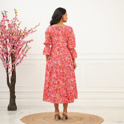 'Sunrise Peach' 3-Tiered Cotton Dress with Pockets