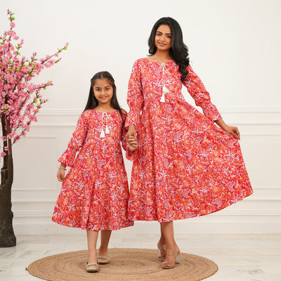 'Sunrise Peach' Mom and Daughter Tiered Cotton Dresses