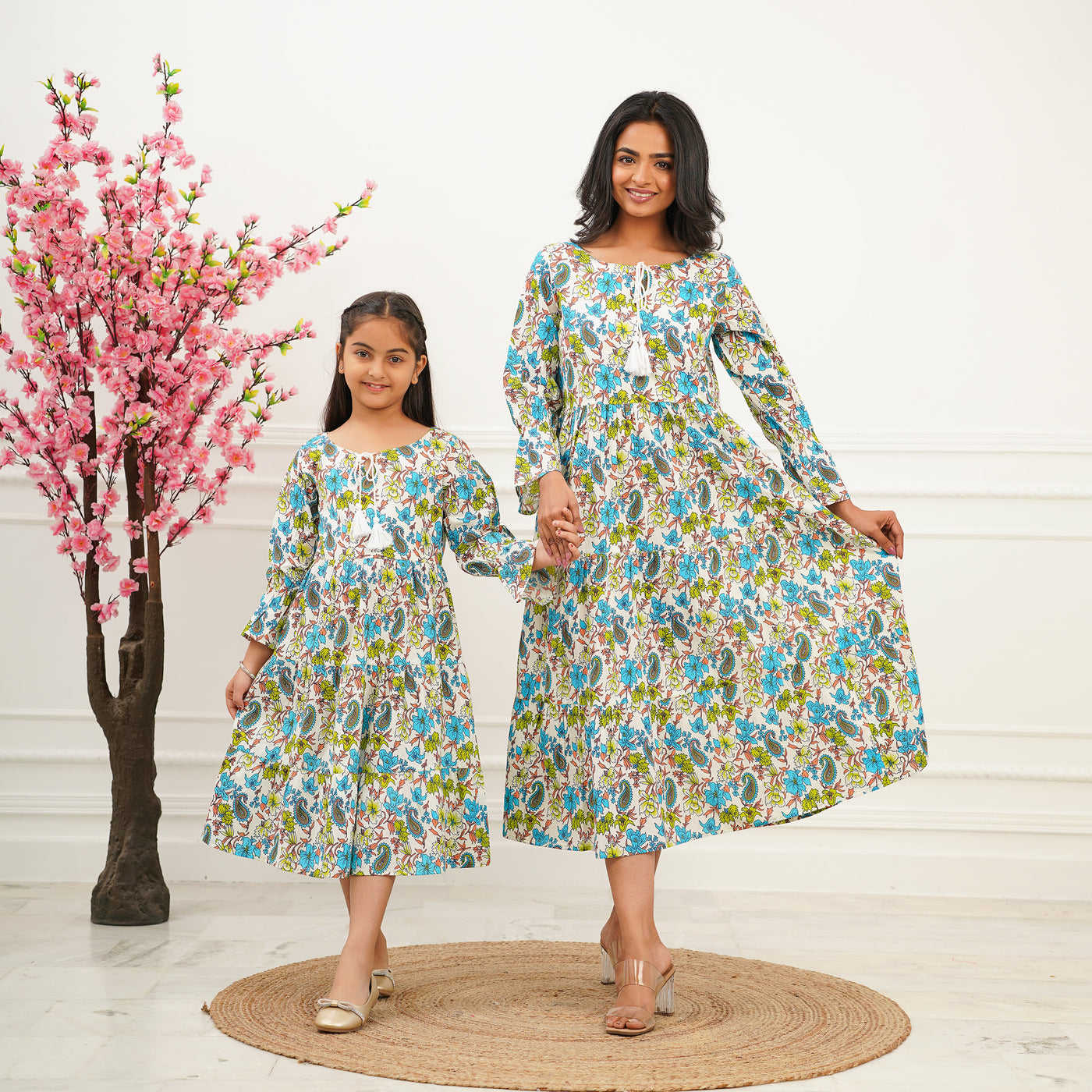 'Green Petals on White' Mom and Daughter Tiered Cotton Dresses