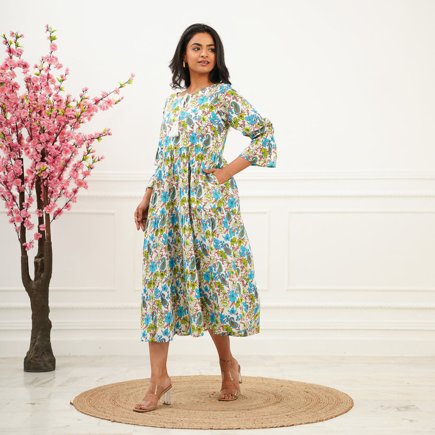 'Green Petals on White' Mom and Daughter Tiered Cotton Dresses