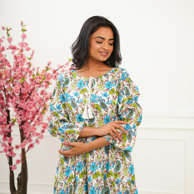 'Green Petals on White' Mom and Daughter Tiered Cotton Dresses