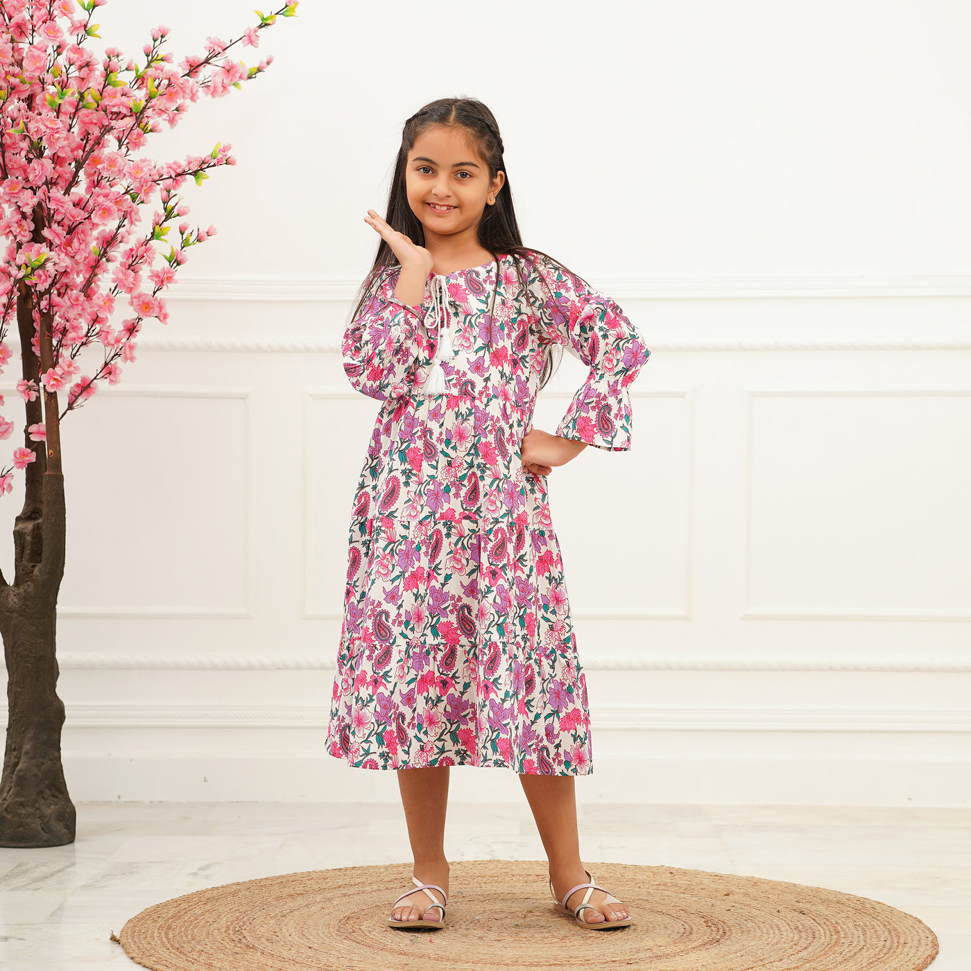 'Pink Petals on White' Mom and Daughter Tiered Cotton Dresses