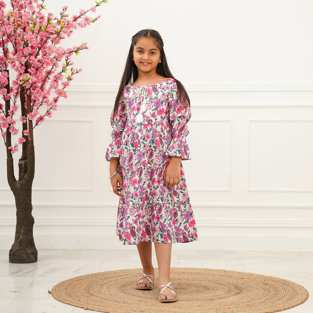 Pink Petals on White 3-Tiered Girl's Cotton Dress
