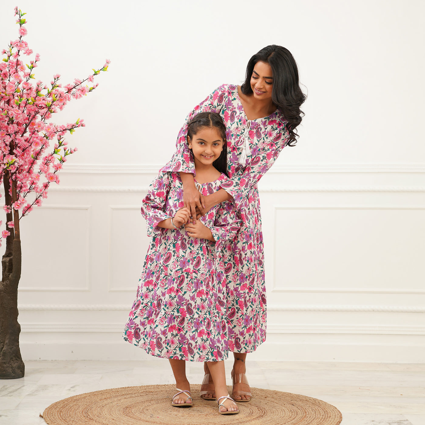 'Pink Petals on White' Mom and Daughter Tiered Cotton Dresses