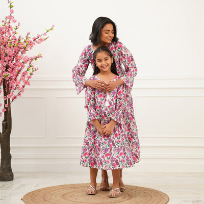 'Pink Petals on White' Mom and Daughter Tiered Cotton Dresses