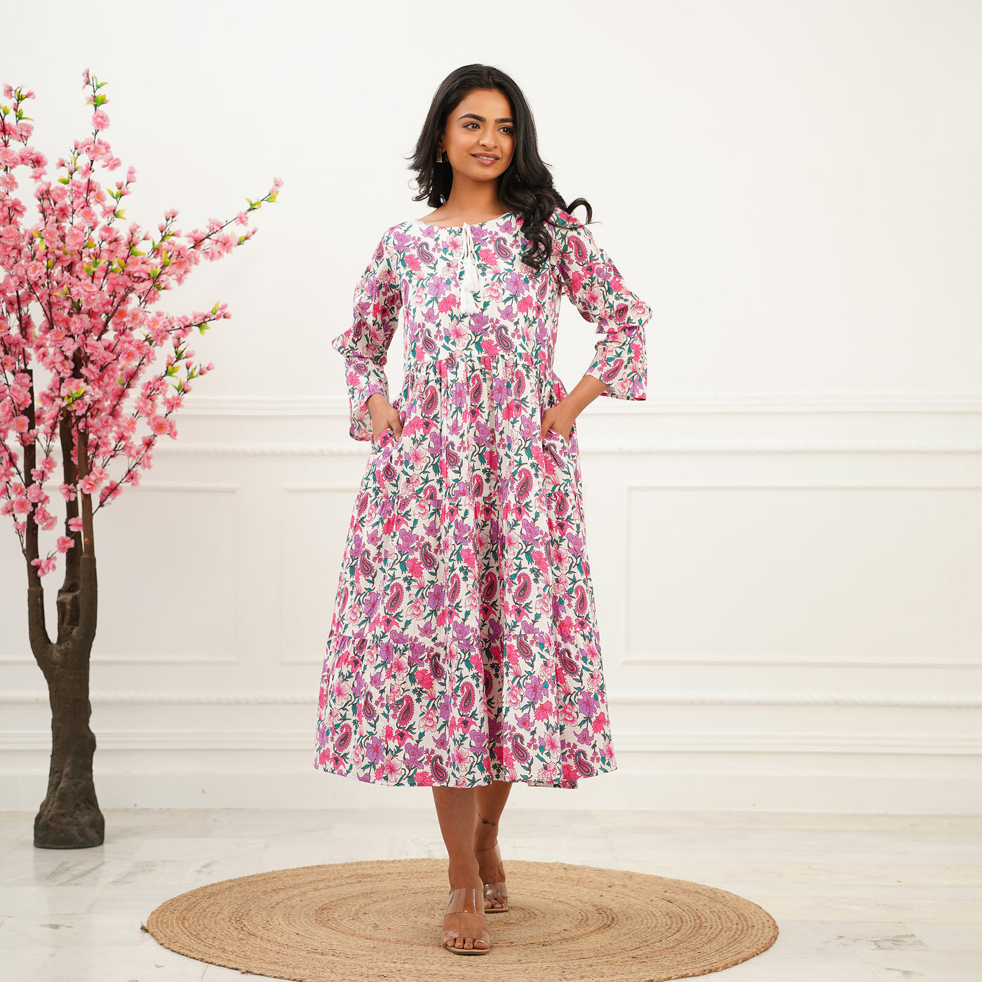 'Pink Petals on White' Mom and Daughter Tiered Cotton Dresses