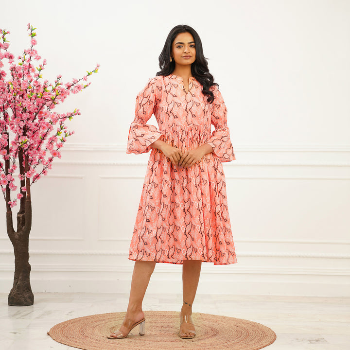 'Peach Oasis' Cotton Midi Dress with Pockets