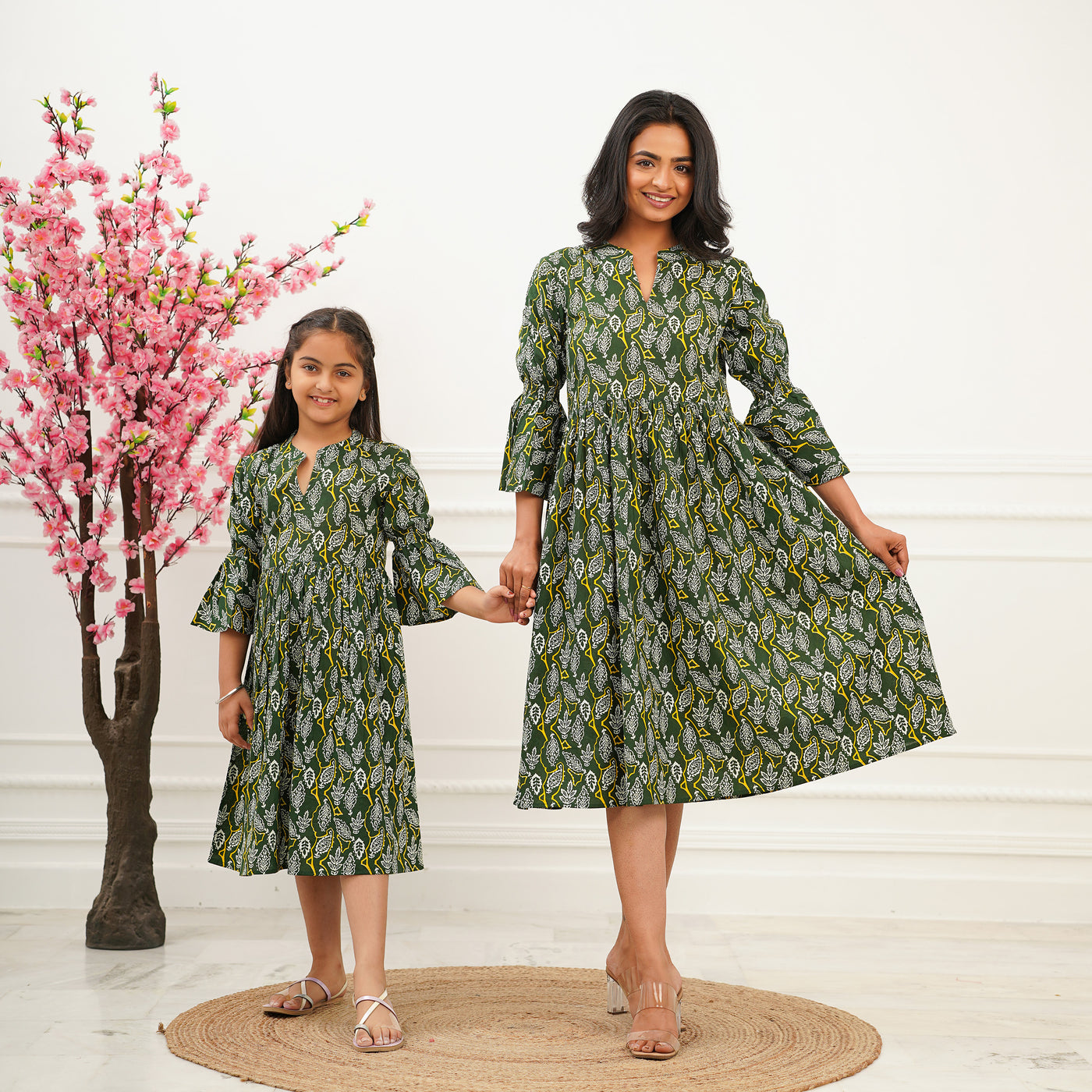 'Green Oasis' Mom and Daughter Cotton Dresses