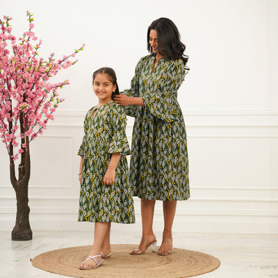 'Green Oasis' Mom and Daughter Cotton Dresses