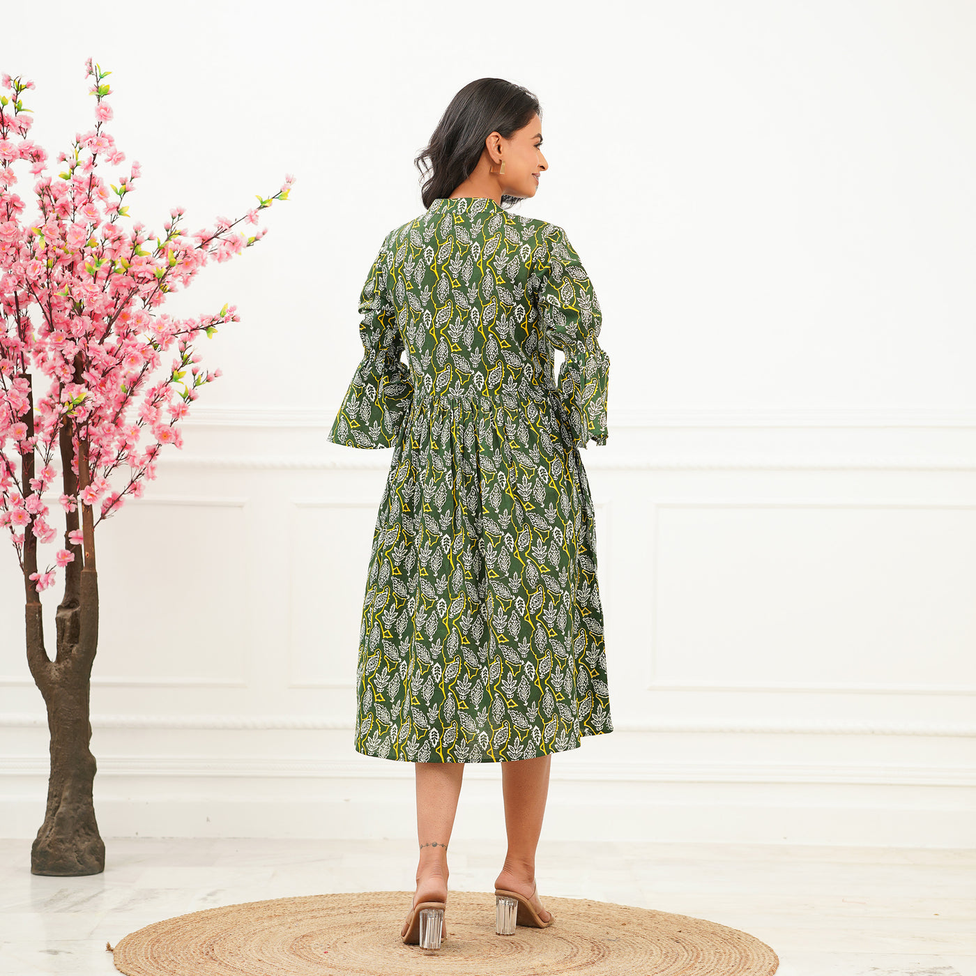 'Green Oasis' Cotton Midi Dress with Pockets