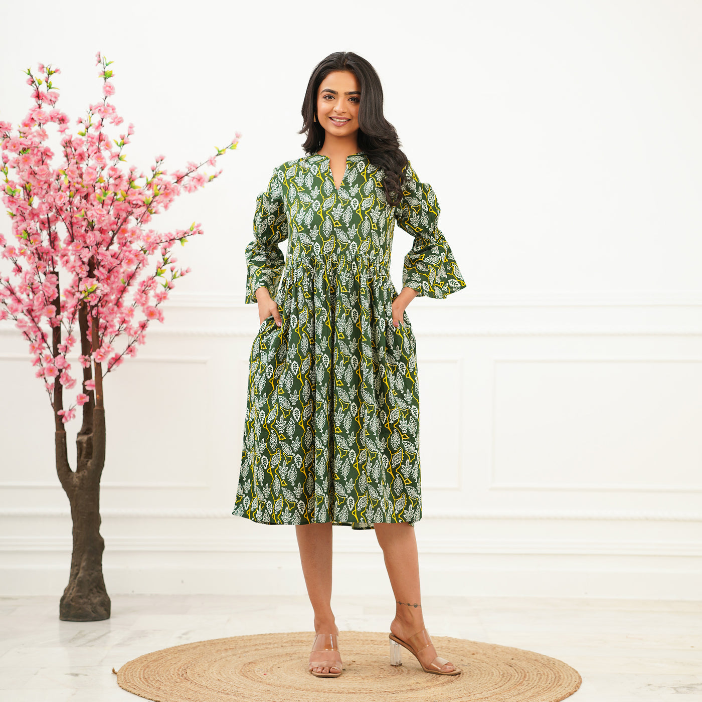 'Green Oasis' Cotton Midi Dress with Pockets