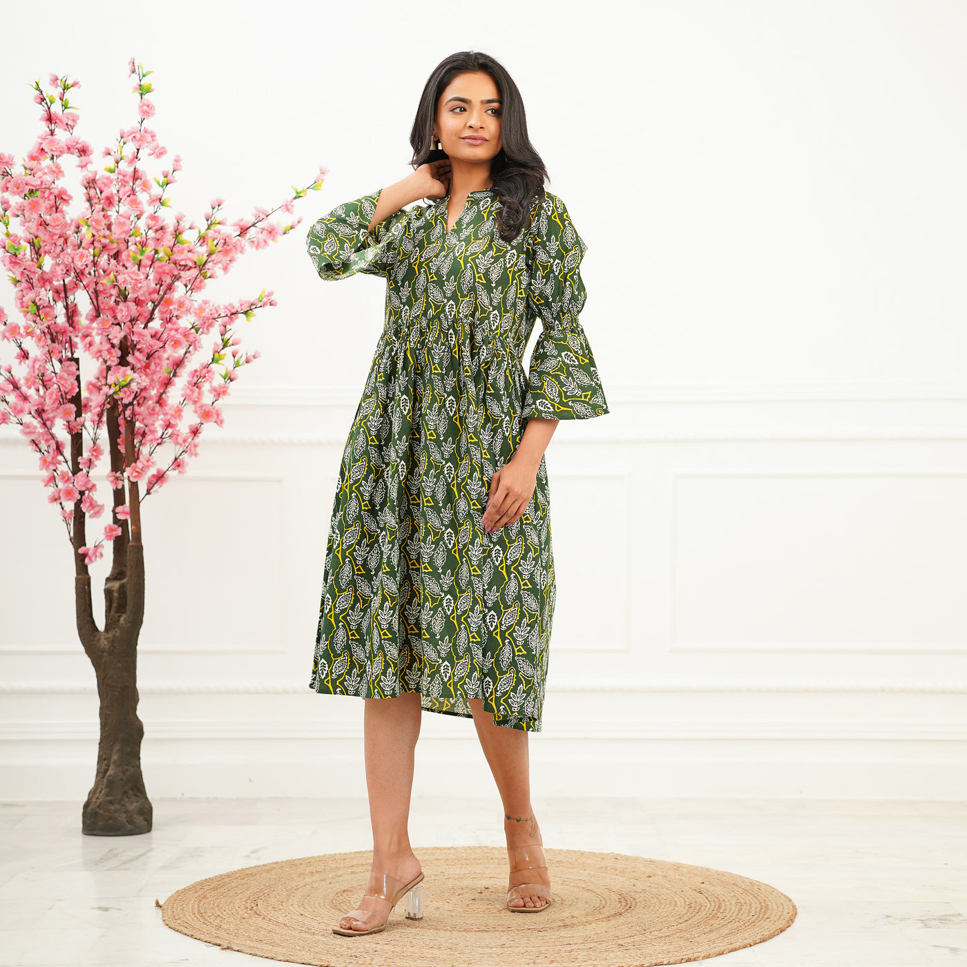 'Green Oasis' Cotton Midi Dress with Pockets