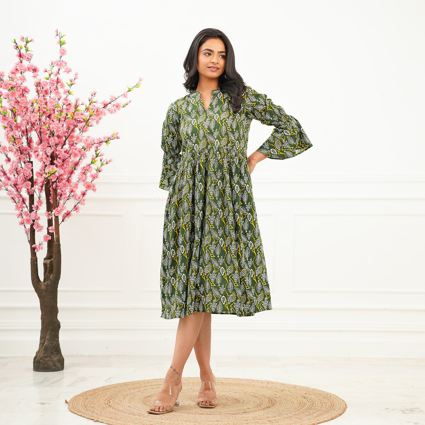 'Green Oasis' Cotton Midi Dress with Pockets