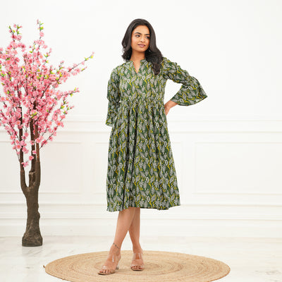 'Green Oasis' Cotton Midi Dress with Pockets