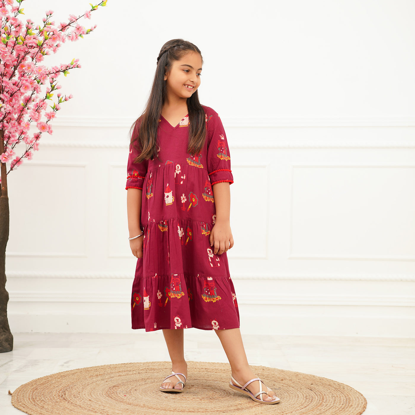 'Fairy Tale on Maroon' Tiered Mom and Daughter Cotton Dresses