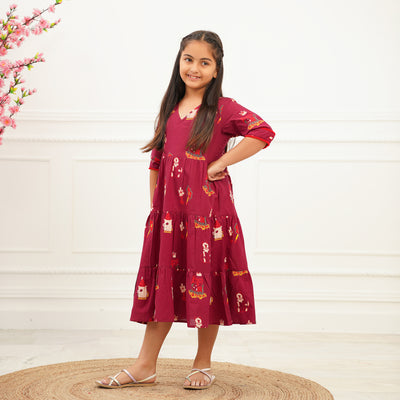 'Fairy tale on Maroon' Girl's Cotton Tiered Dress