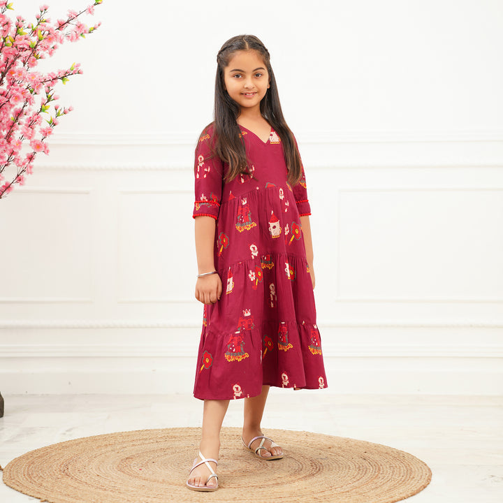 'Fairy tale on Maroon' Girl's Cotton Tiered Dress