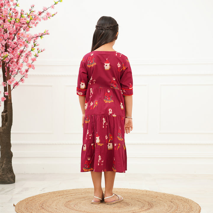 'Fairy tale on Maroon' Girl's Cotton Tiered Dress
