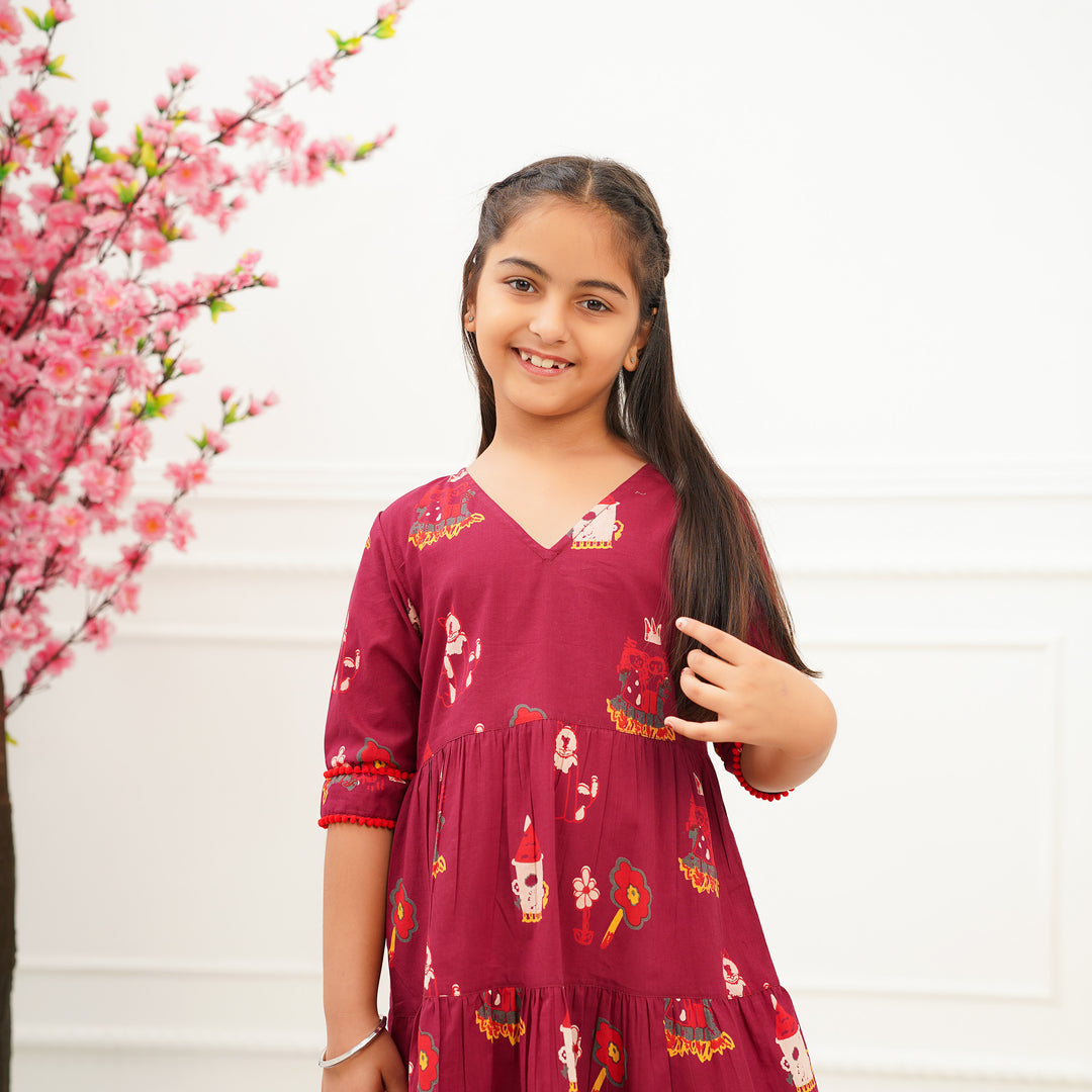 'Fairy tale on Maroon' Girl's Cotton Tiered Dress