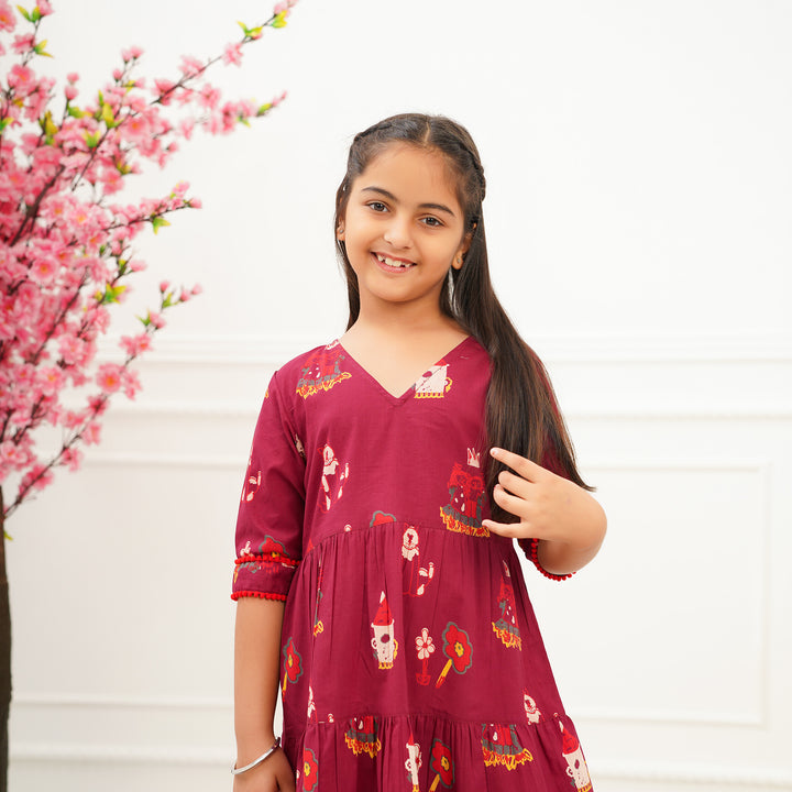 'Fairy tale on Maroon' Girl's Cotton Tiered Dress