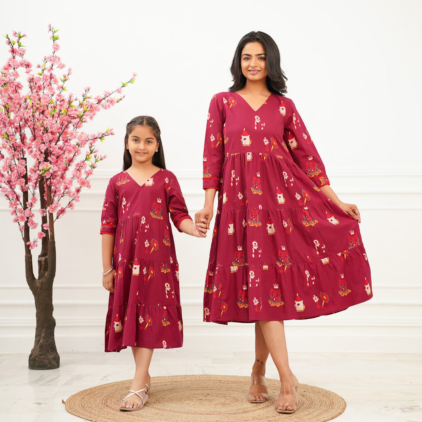 'Fairy Tale on Maroon' Tiered Mom and Daughter Cotton Dresses