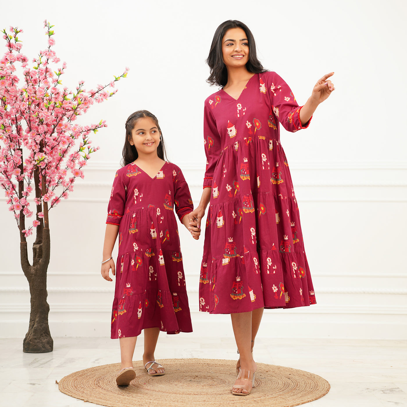 'Fairy Tale on Maroon' Tiered Mom and Daughter Cotton Dresses