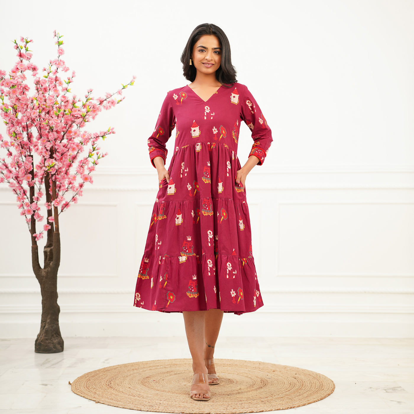 'Fairy tale on Maroon' Tiered Cotton Midi Dress with Pockets