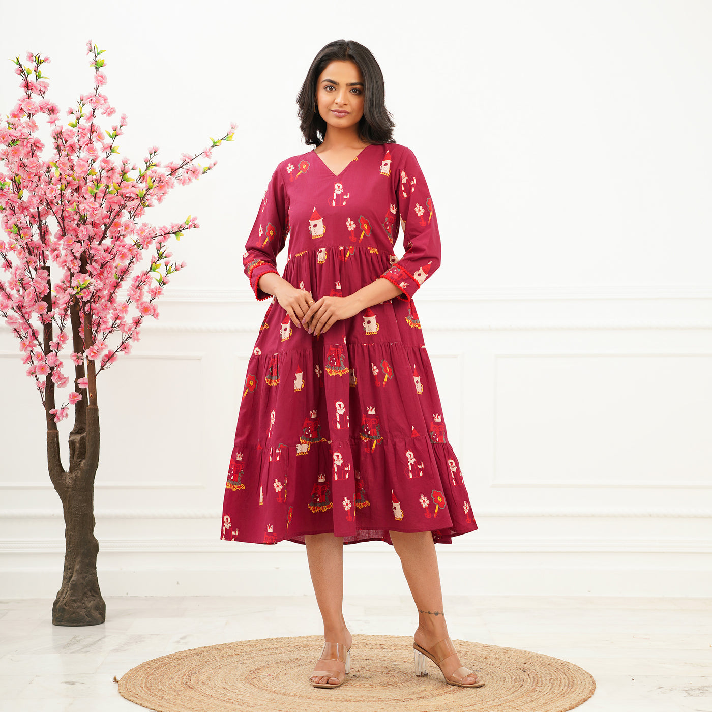 'Fairy tale on Maroon' Tiered Cotton Midi Dress with Pockets