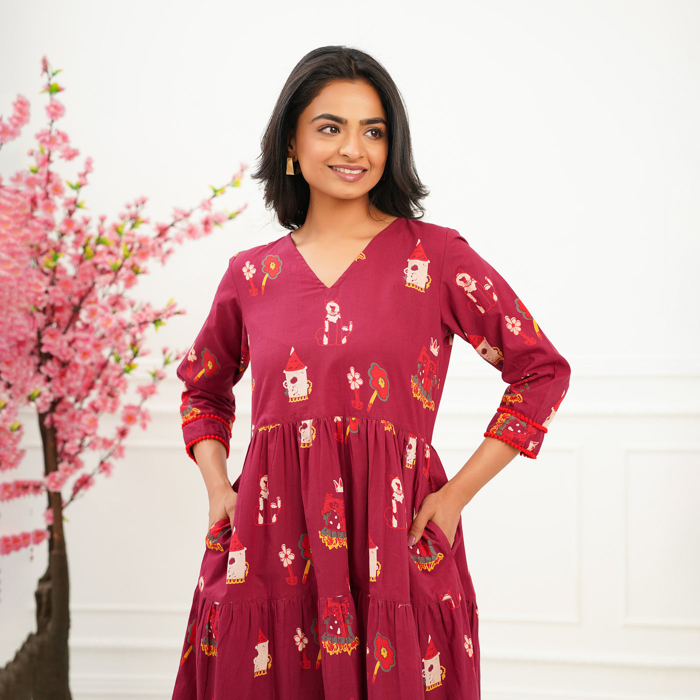 'Fairy Tale on Maroon' Tiered Mom and Daughter Cotton Dresses