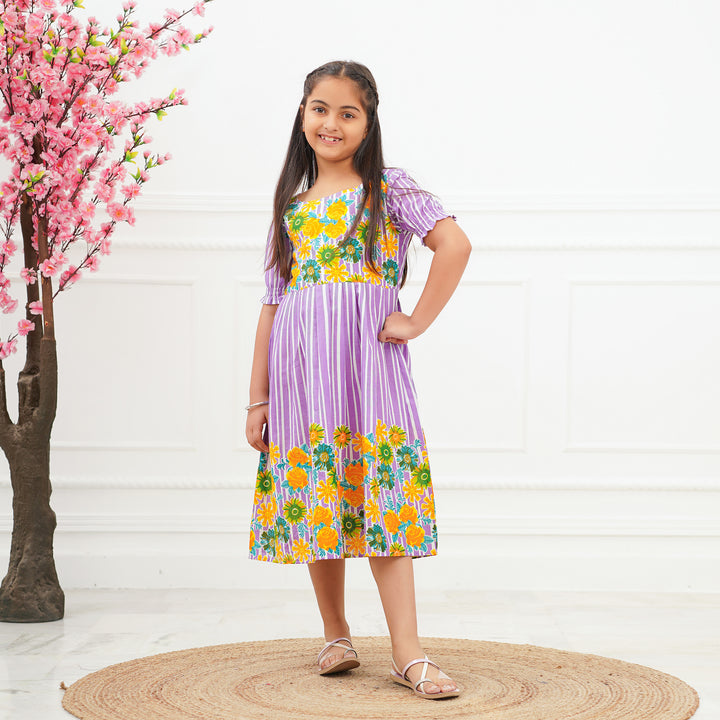 Purple Multi Flower Girl's Cotton Dress