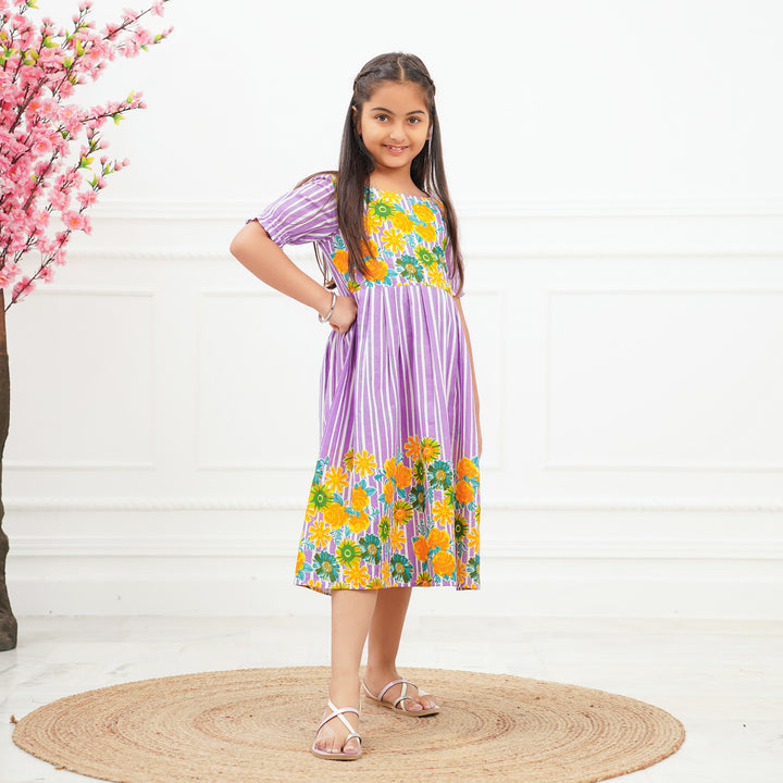 Purple Multi Flower Girl's Cotton Dress