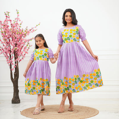 Purple Multi Flower Mom and Daughter Cotton Dresses