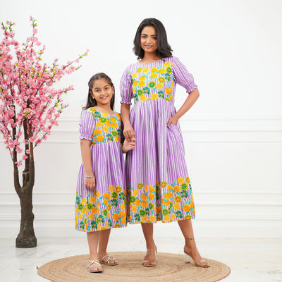 Purple Multi Flower Mom and Daughter Cotton Dresses