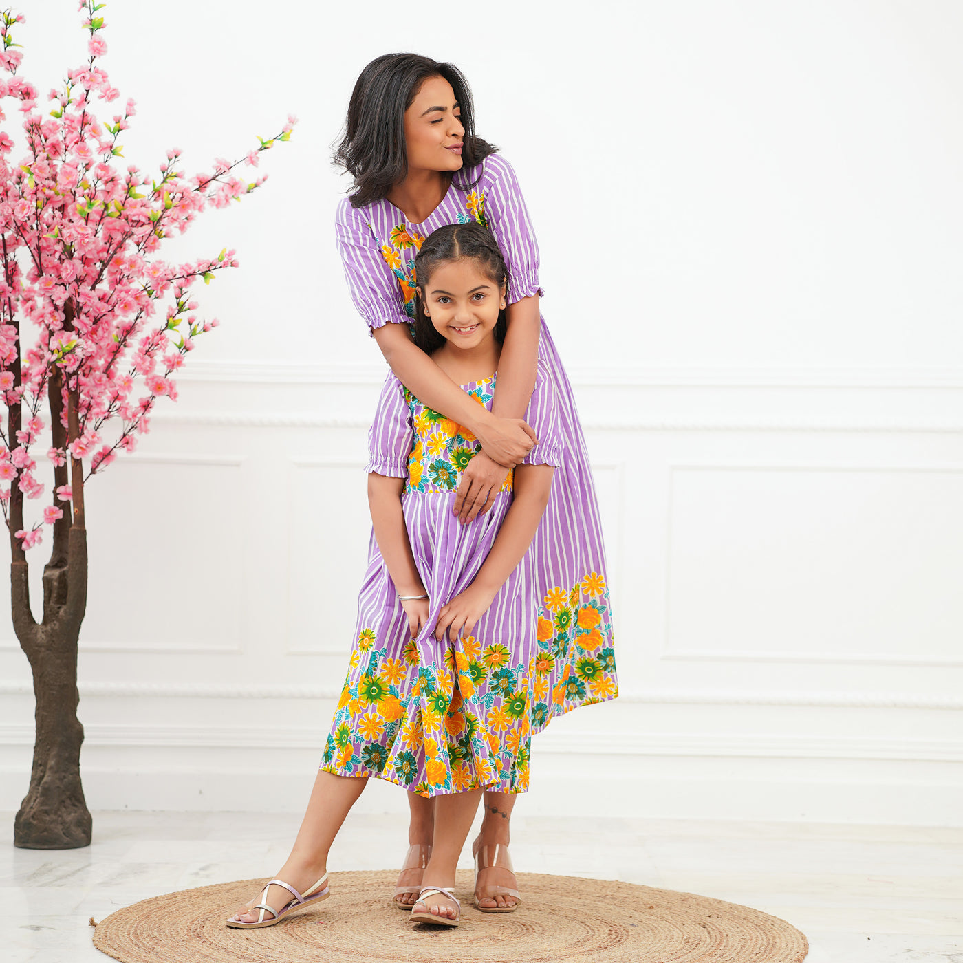 Purple Multi Flower Mom and Daughter Cotton Dresses