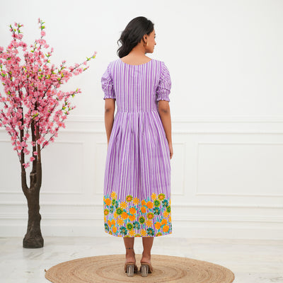 Purple Multi Flower Cotton Midi Dress with Pockets