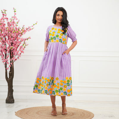 Purple Multi Flower Cotton Midi Dress with Pockets